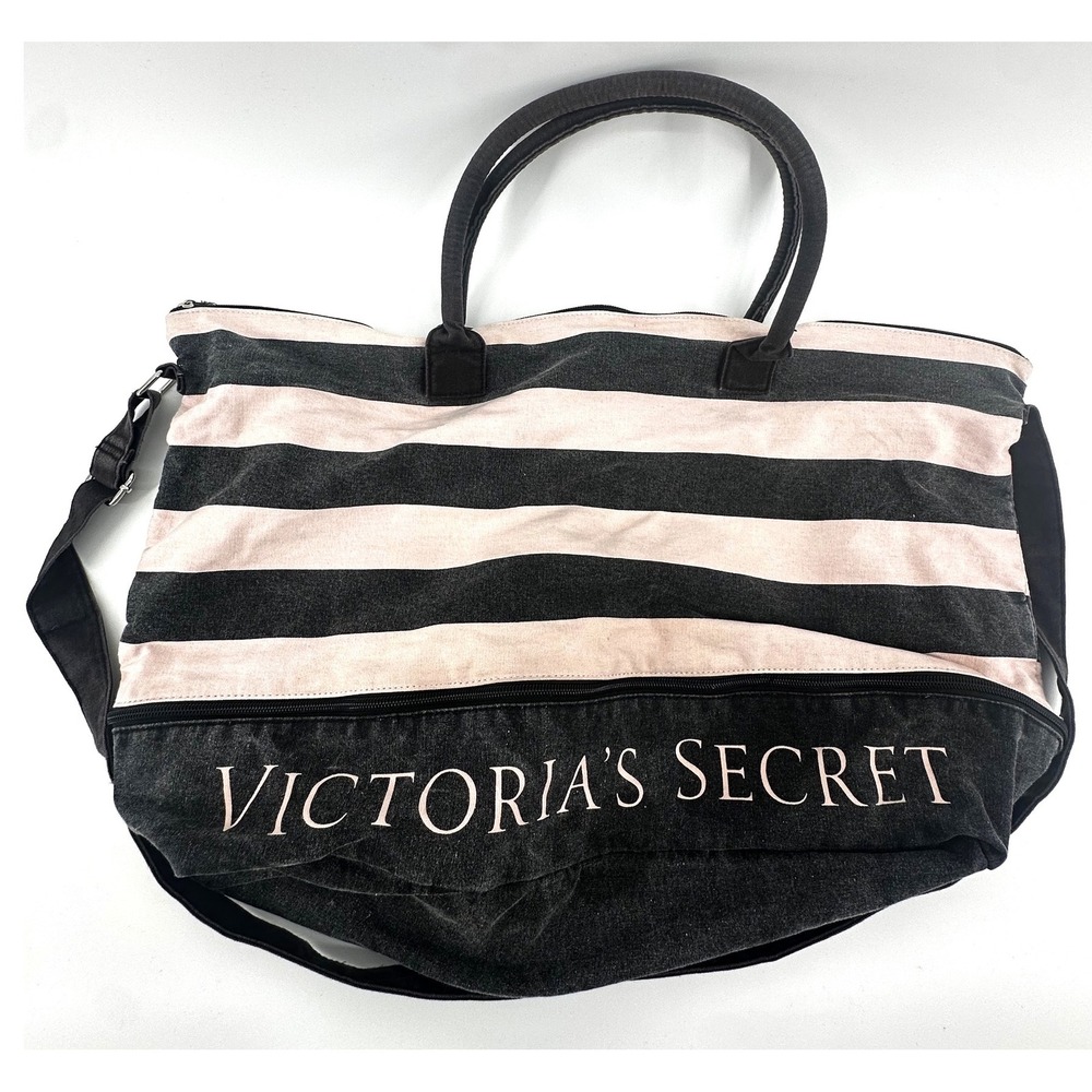 Victoria's Secret Pink Black Striped Canvas Weekender Tote Bag Travel Duffel
